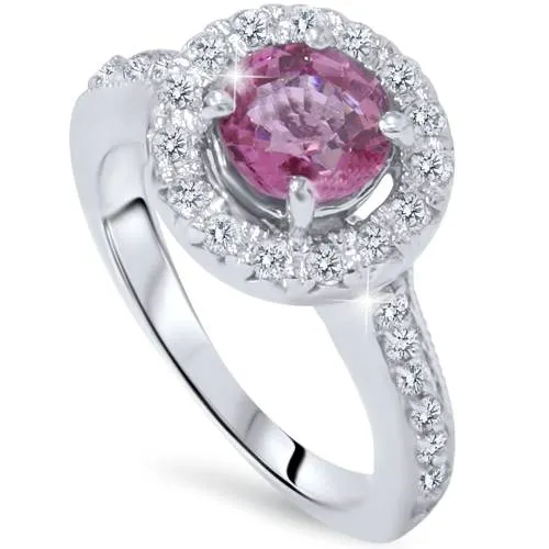 1. 1.625 carat Pink Sapphire & Diamond Vintage Engagement Ring in 14K White Gold