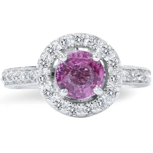 1. 1.625 carat Pink Sapphire & Diamond Vintage Engagement Ring in 14K White Gold