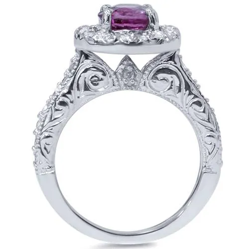 1. 1.625 carat Pink Sapphire & Diamond Vintage Engagement Ring in 14K White Gold