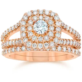 1.1 carat Diamond Cushion Halo Engagement Wedding Ring Set in 10k Rose Gold