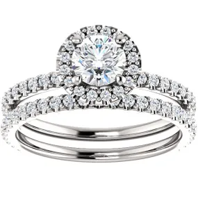 1.10ct Diamond Halo Engagement Wedding Ring Set in 14k White Gold