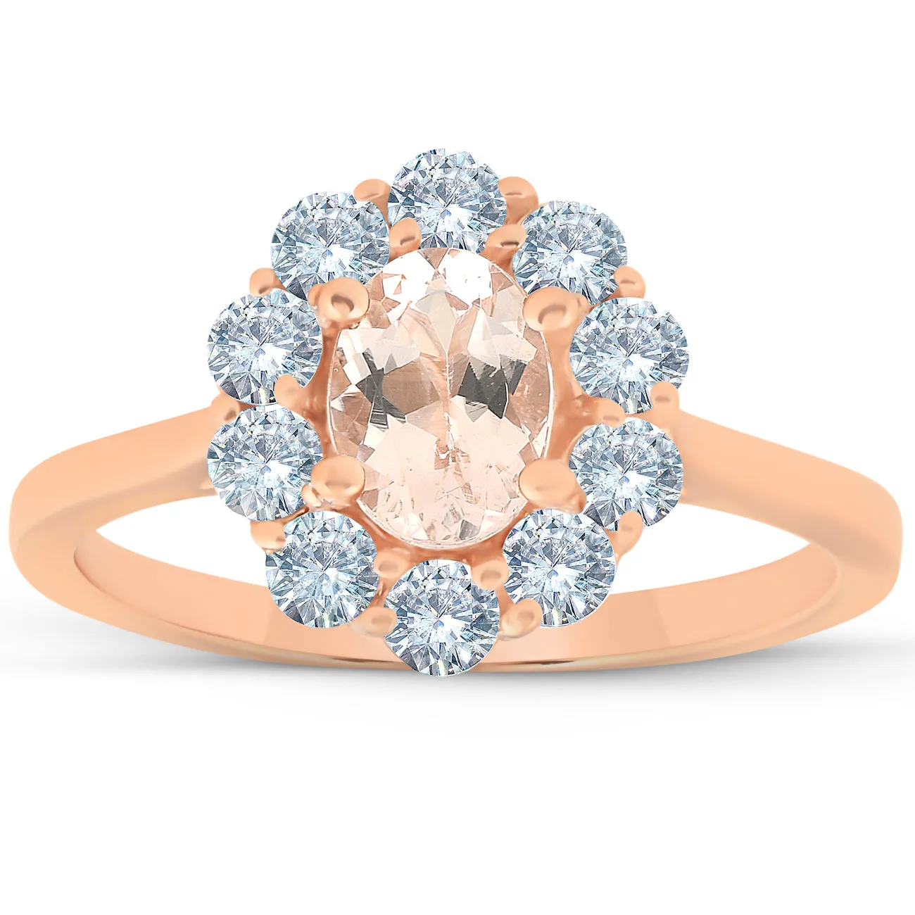 1.25 Ct Morganite Halo Diamond Ring - Oval Shape - 14k Rose Gold