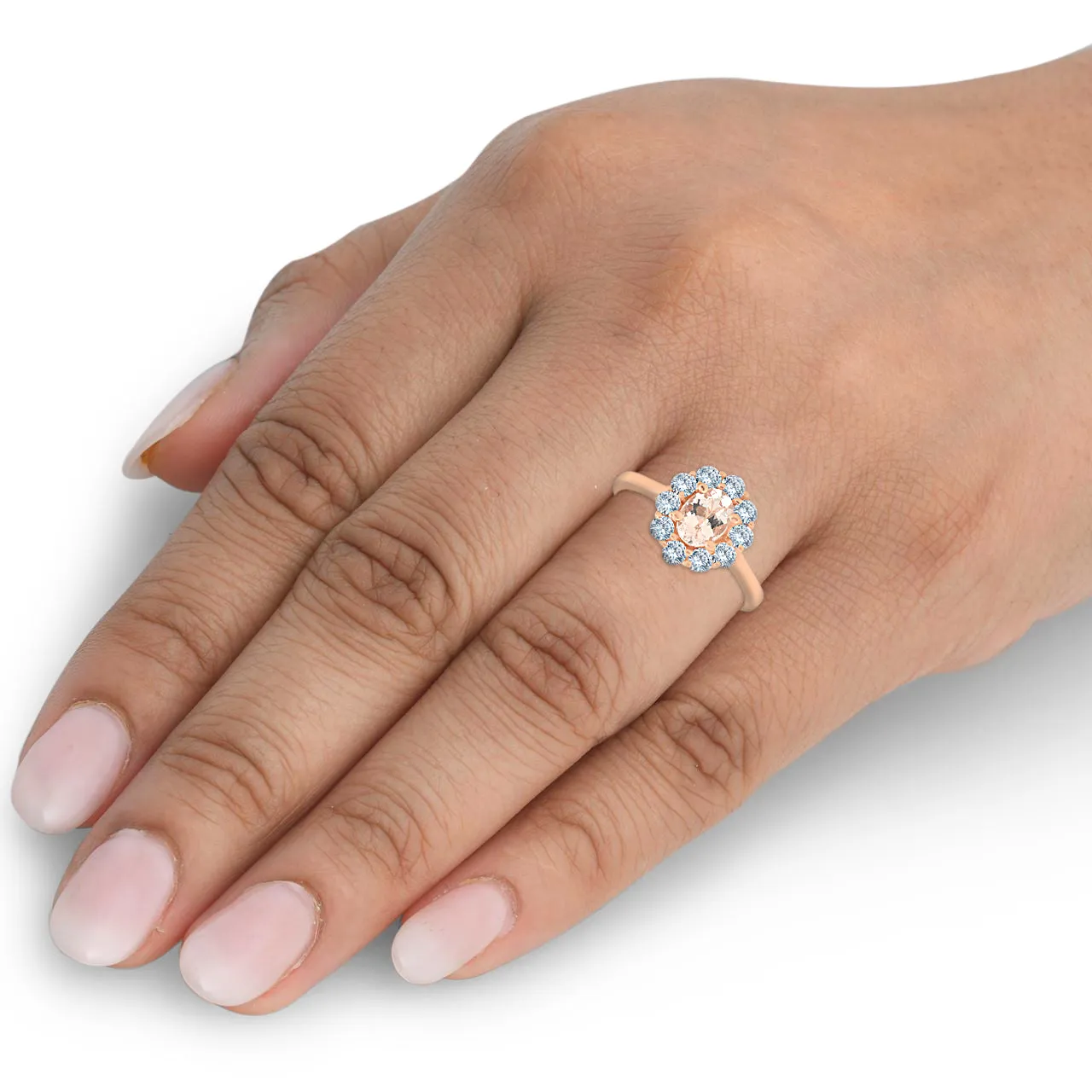 1.25 Ct Morganite Halo Diamond Ring - Oval Shape - 14k Rose Gold