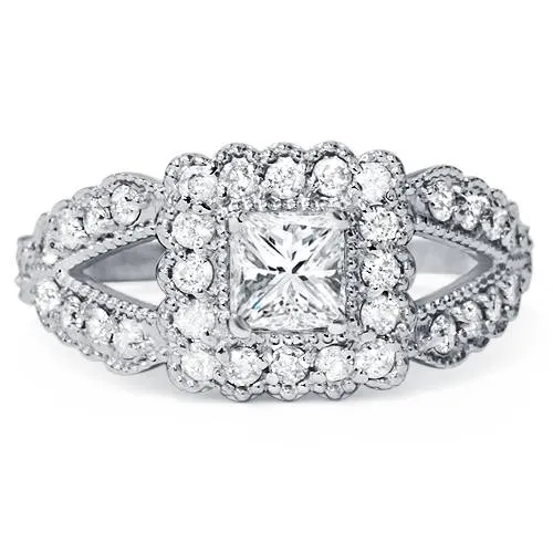 1.25ct Square Halo Diamond Engagement Ring in 14K White Gold