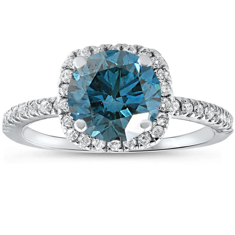 1.75 carat blue diamond cushion halo engagement ring in 14k white gold