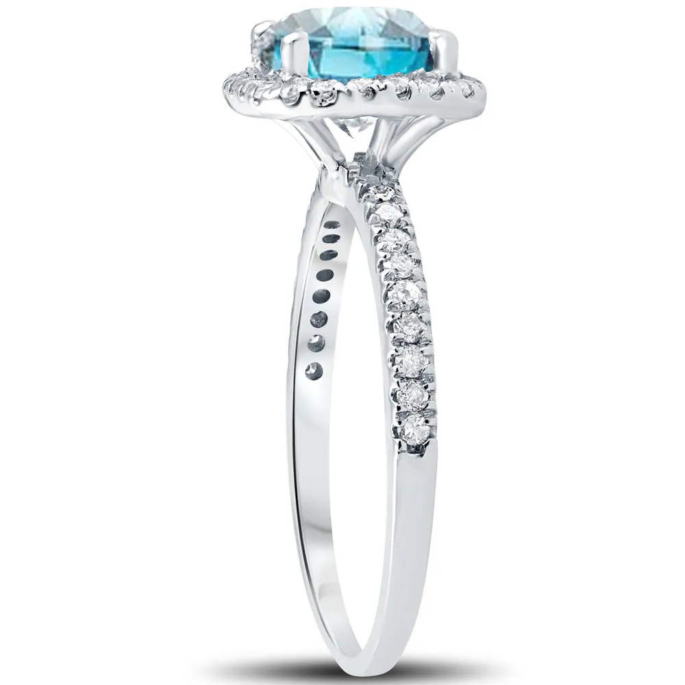 1.75 carat blue diamond cushion halo engagement ring in 14k white gold