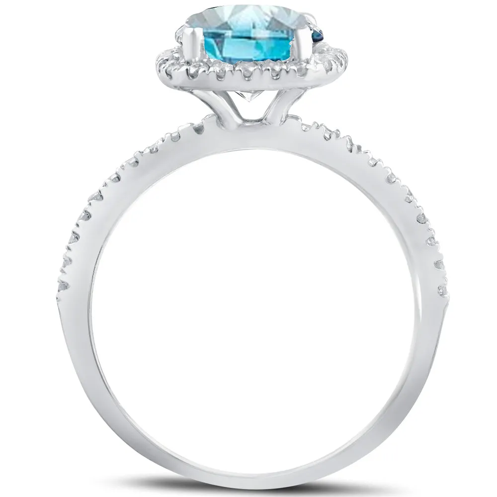 1.75 carat blue diamond cushion halo engagement ring in 14k white gold