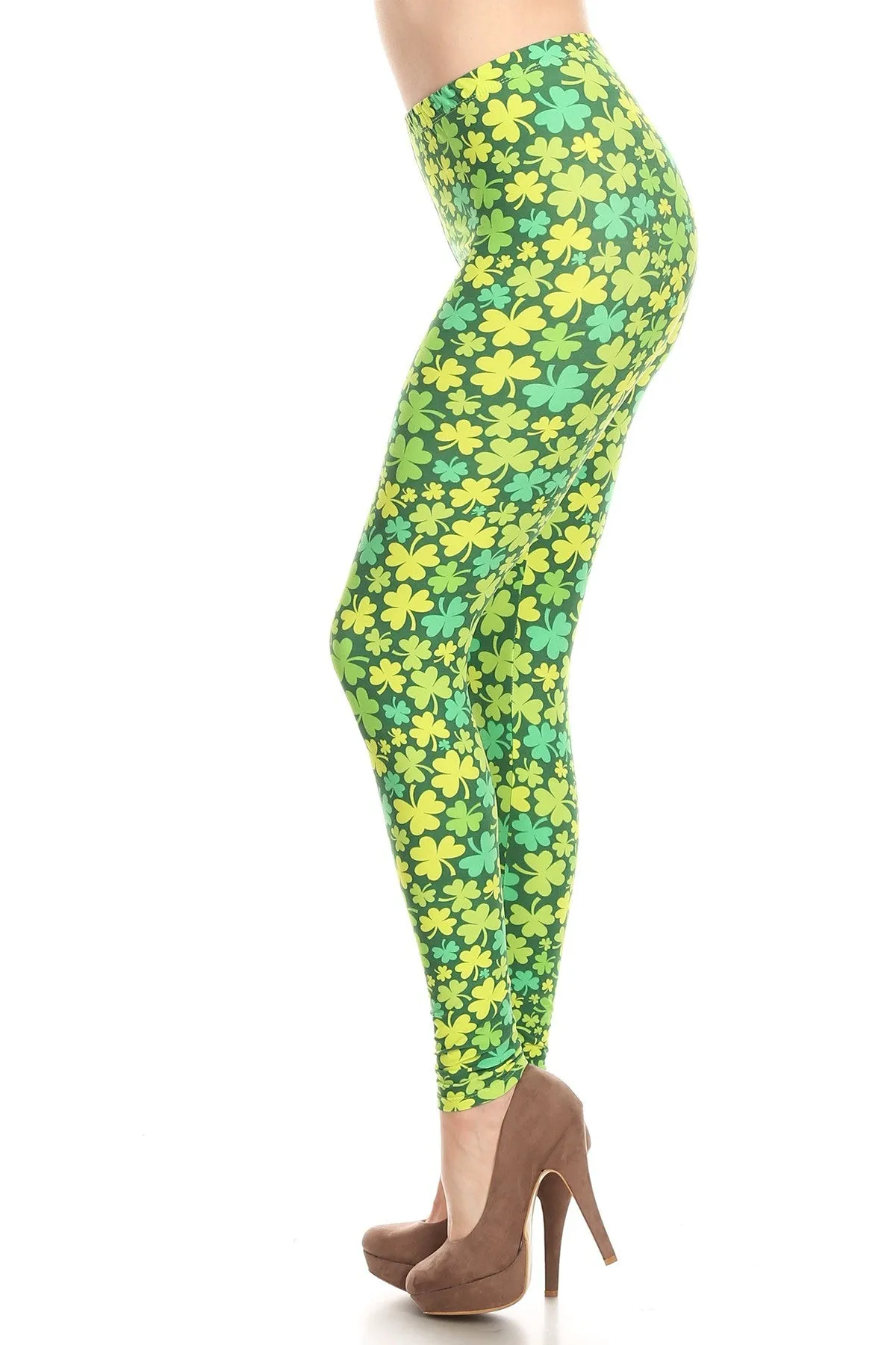 3X-5X Plus Size Green Clover Shamrock Pattern Leggings for Women