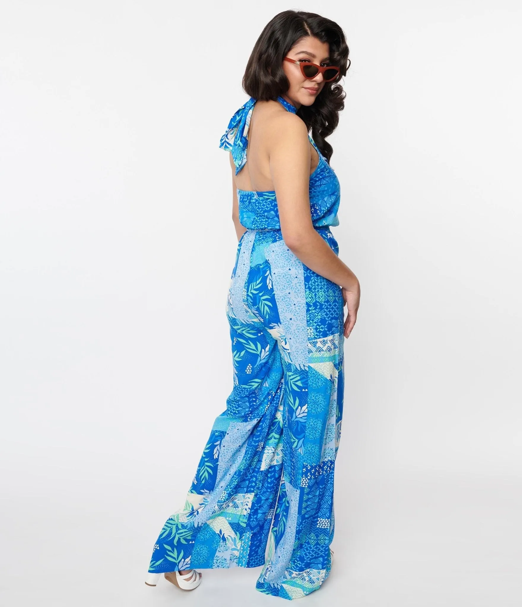 70s Blue Tropical Patchwork Halter Jumpsuit