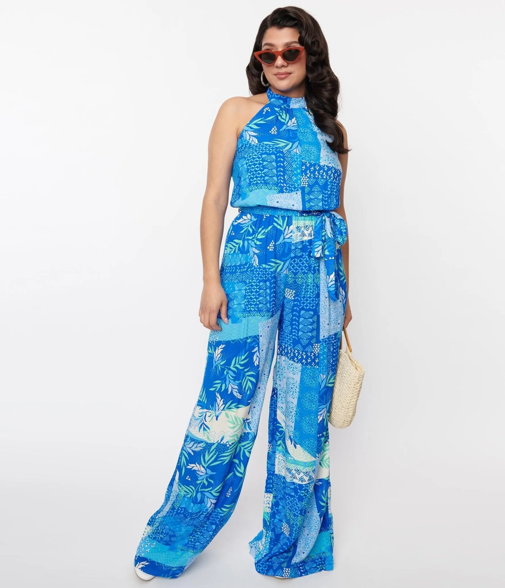 70s Blue Tropical Patchwork Halter Jumpsuit