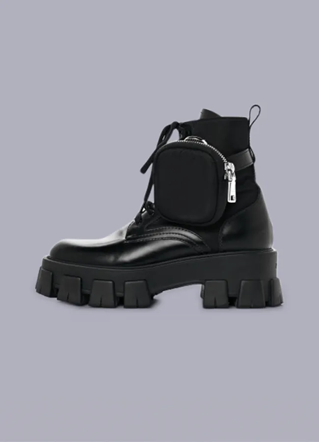 black combat boots with side pockets