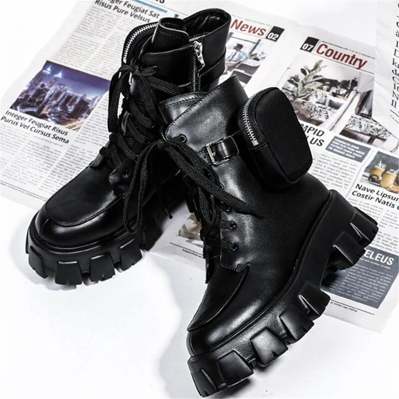 black combat boots with side pockets