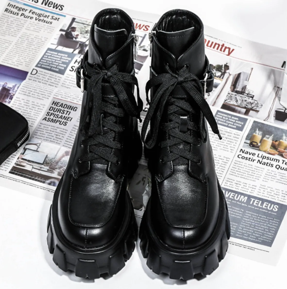 black combat boots with side pockets