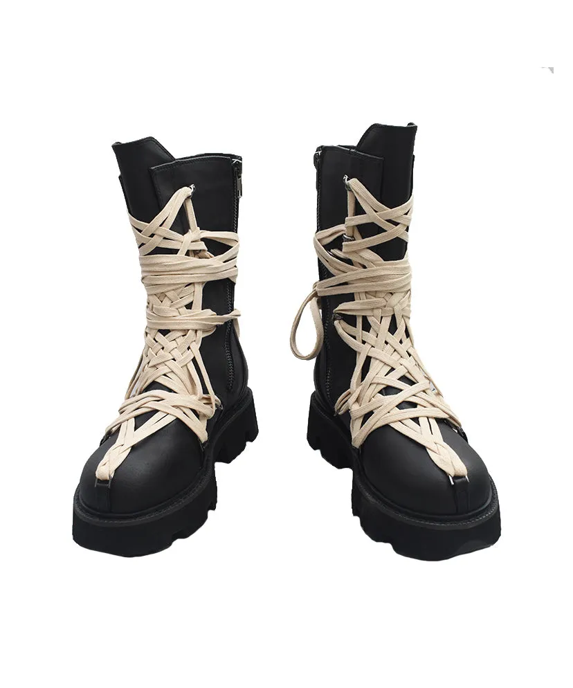 Black cowhide leather handmade cross strap platform boots.