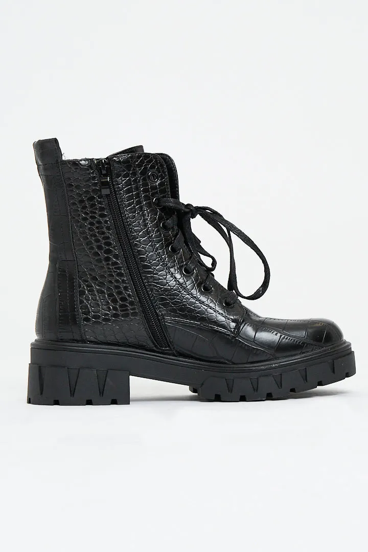 Black Crocodile Leather Chunky Sole Boots - Myla