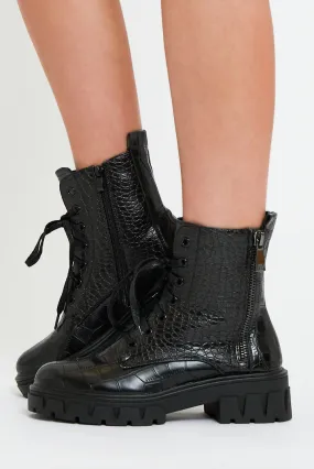 Black Crocodile Leather Chunky Sole Boots - Myla