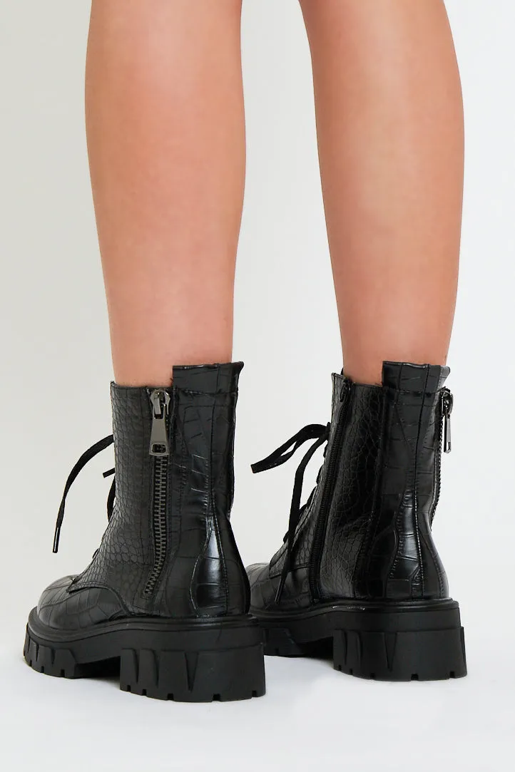 Black Crocodile Leather Chunky Sole Boots - Myla