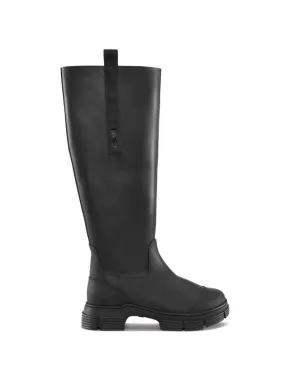 Black rubber knee high boots