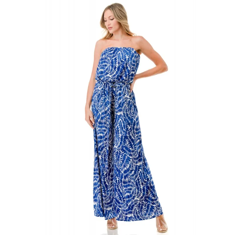 Blue and white wide leg jumpsuit