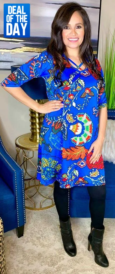 Blue Floral Flutter Dress with Criss Cross Neck - S-M-L - Shop Now