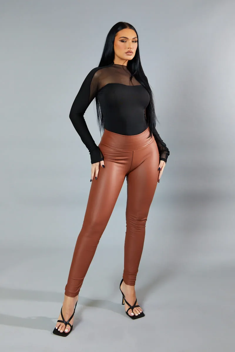 Camel High Waisted Faux Leather Leggings - Kayal