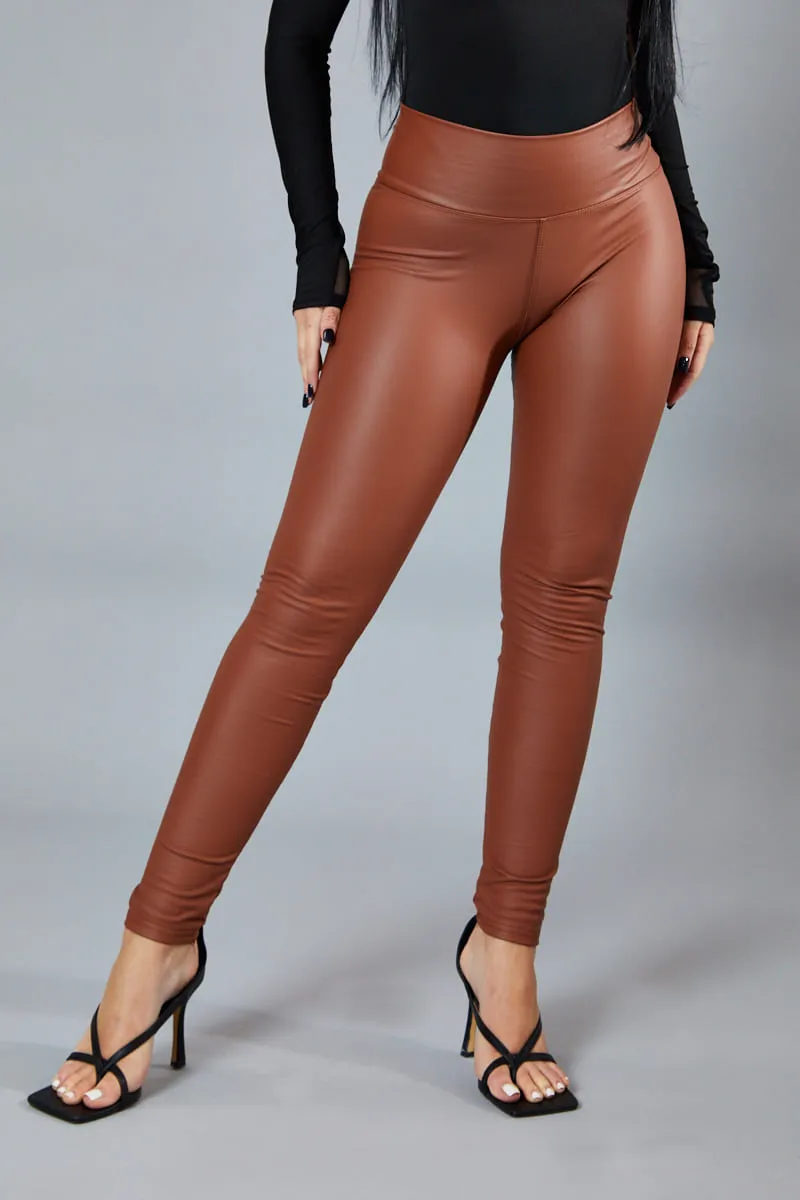 Camel High Waisted Faux Leather Leggings - Kayal