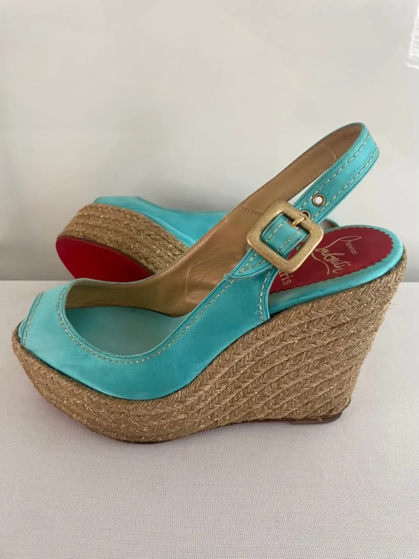 Christian Louboutin Turquoise Menorca Sandals 130mm Satin Slingback Platform Espadrille Wedge