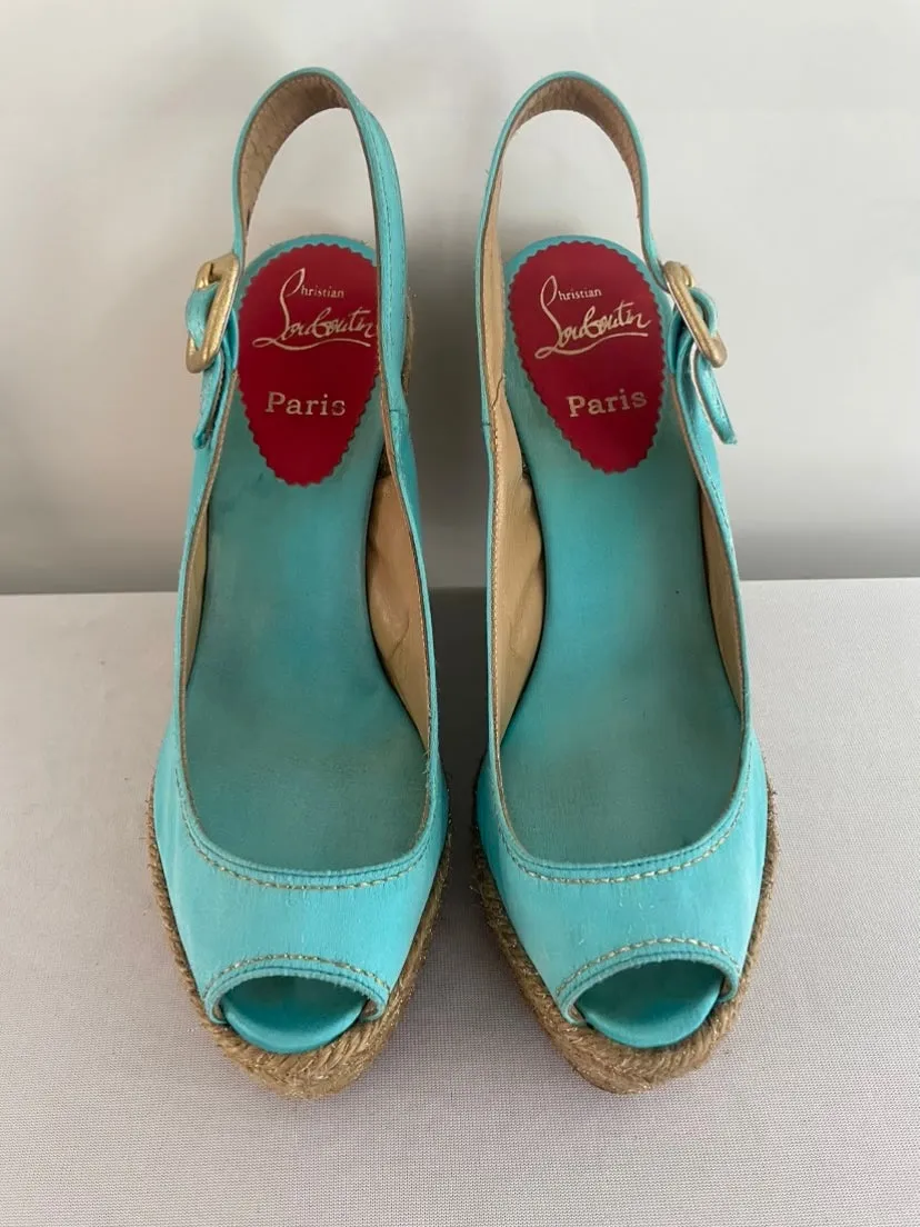 Christian Louboutin Turquoise Menorca Sandals 130mm Satin Slingback Platform Espadrille Wedge