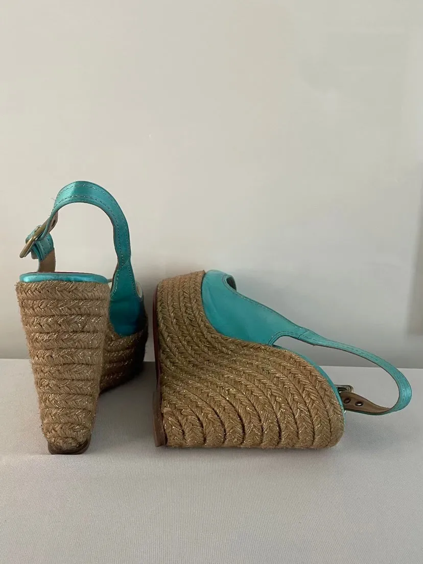 Christian Louboutin Turquoise Menorca Sandals 130mm Satin Slingback Platform Espadrille Wedge