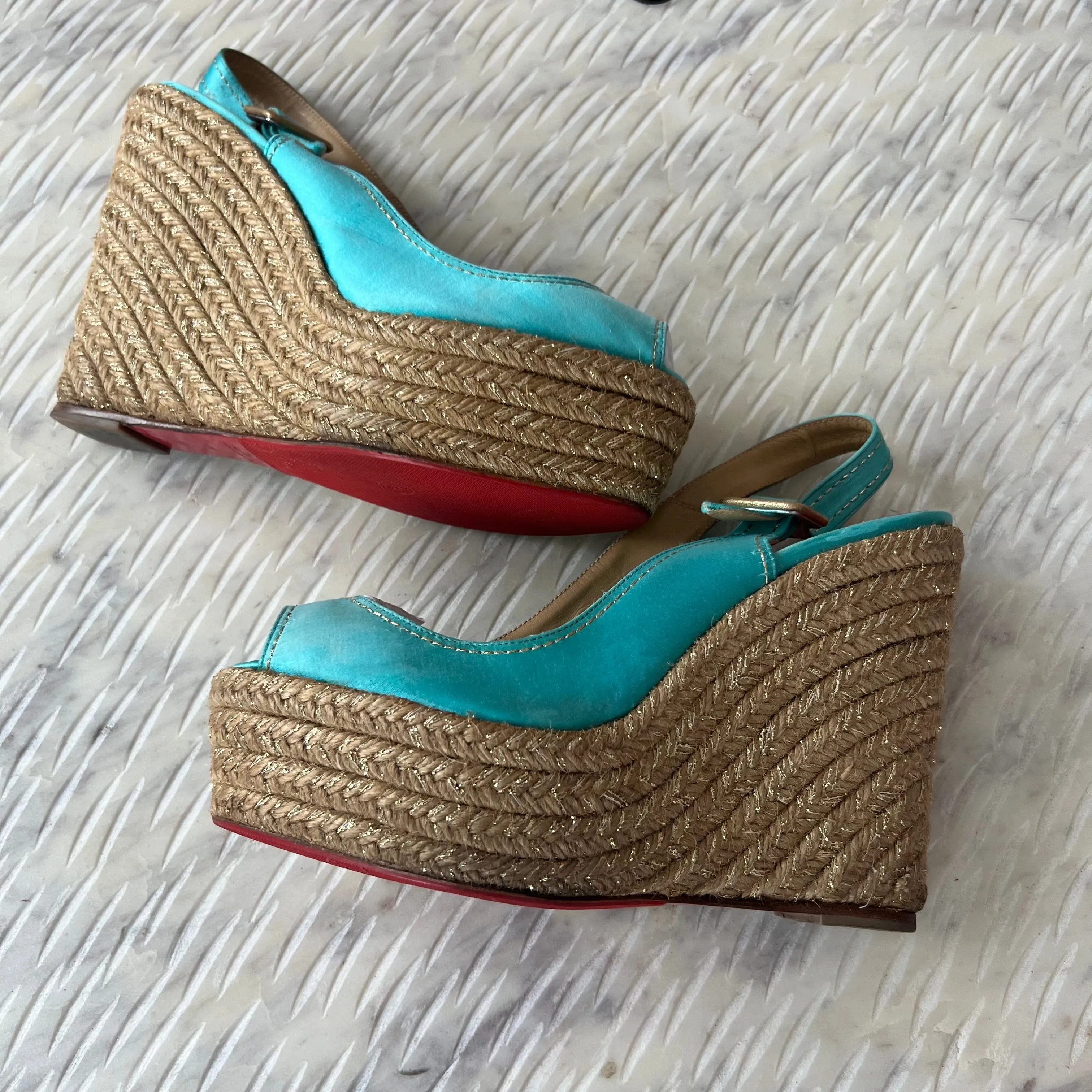 Christian Louboutin Turquoise Menorca Sandals 130mm Satin Slingback Platform Espadrille Wedge