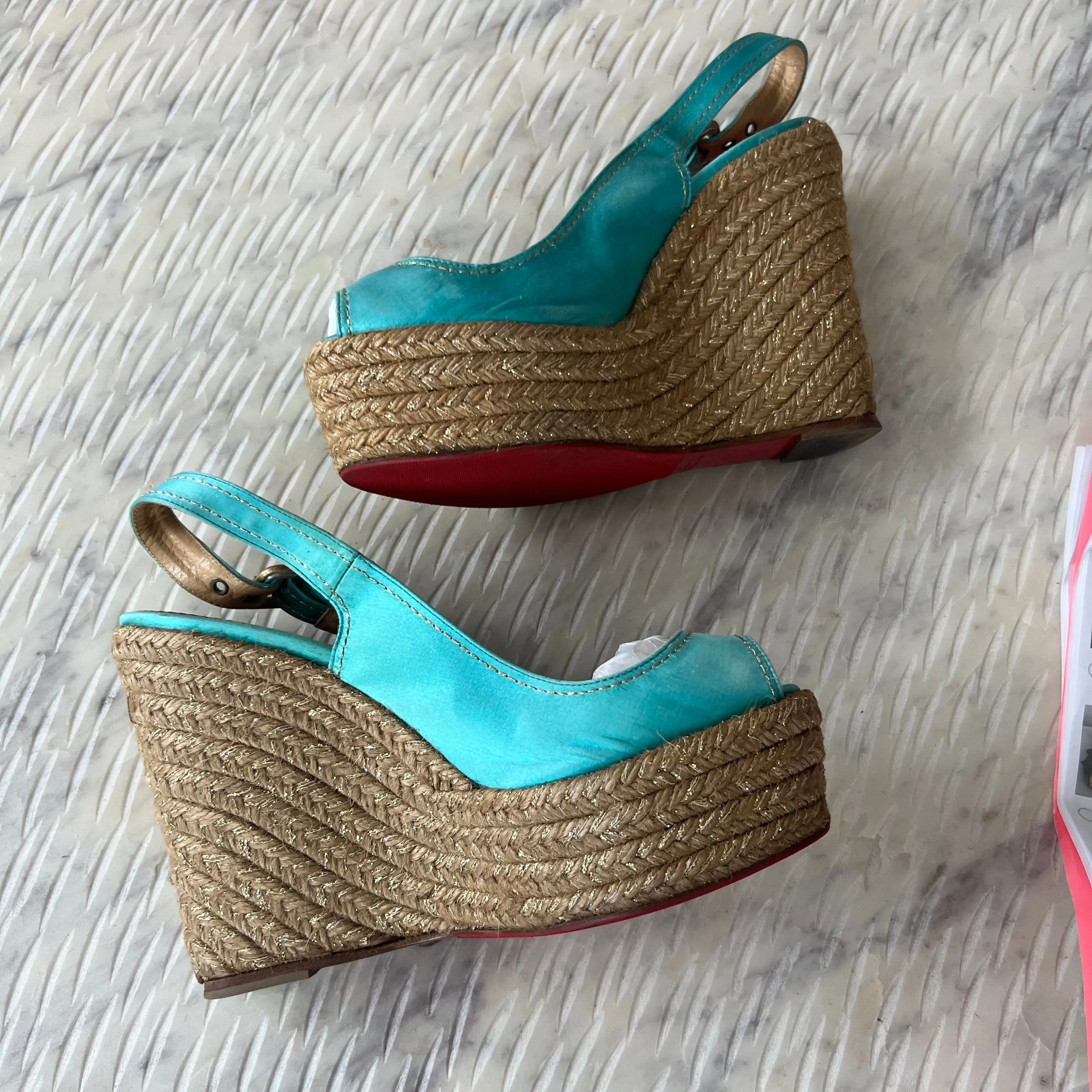 Christian Louboutin Turquoise Menorca Sandals 130mm Satin Slingback Platform Espadrille Wedge