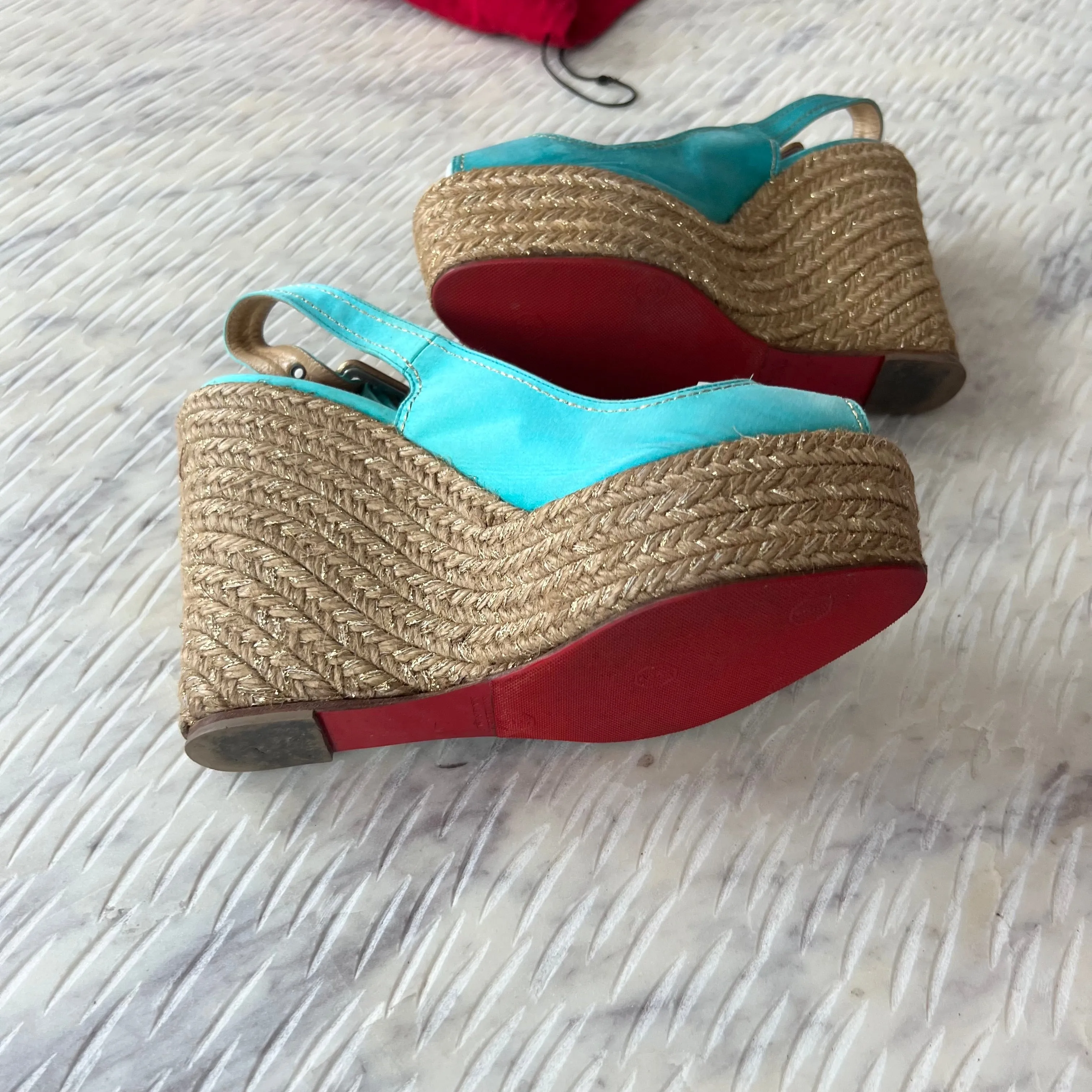 Christian Louboutin Turquoise Menorca Sandals 130mm Satin Slingback Platform Espadrille Wedge