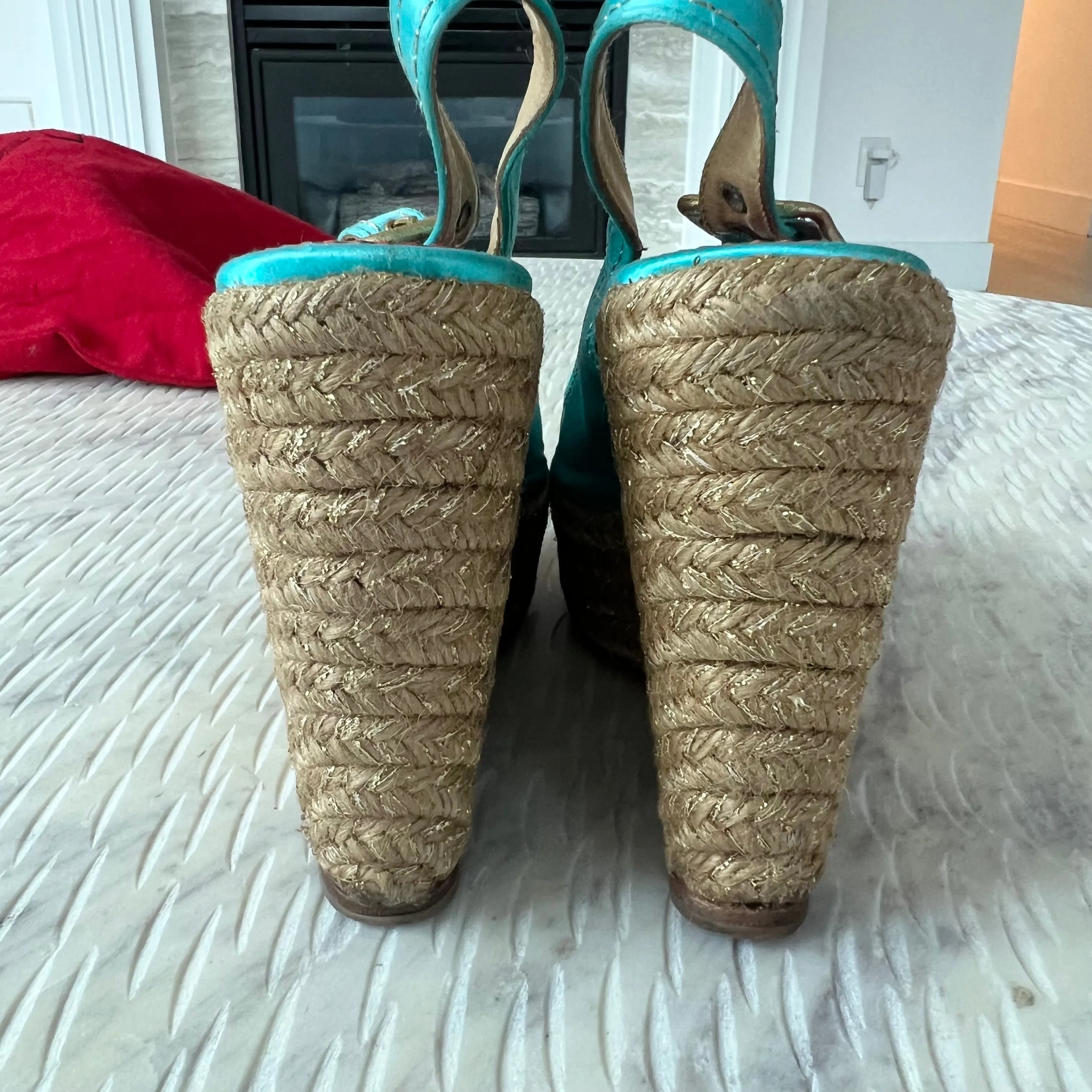 Christian Louboutin Turquoise Menorca Sandals 130mm Satin Slingback Platform Espadrille Wedge