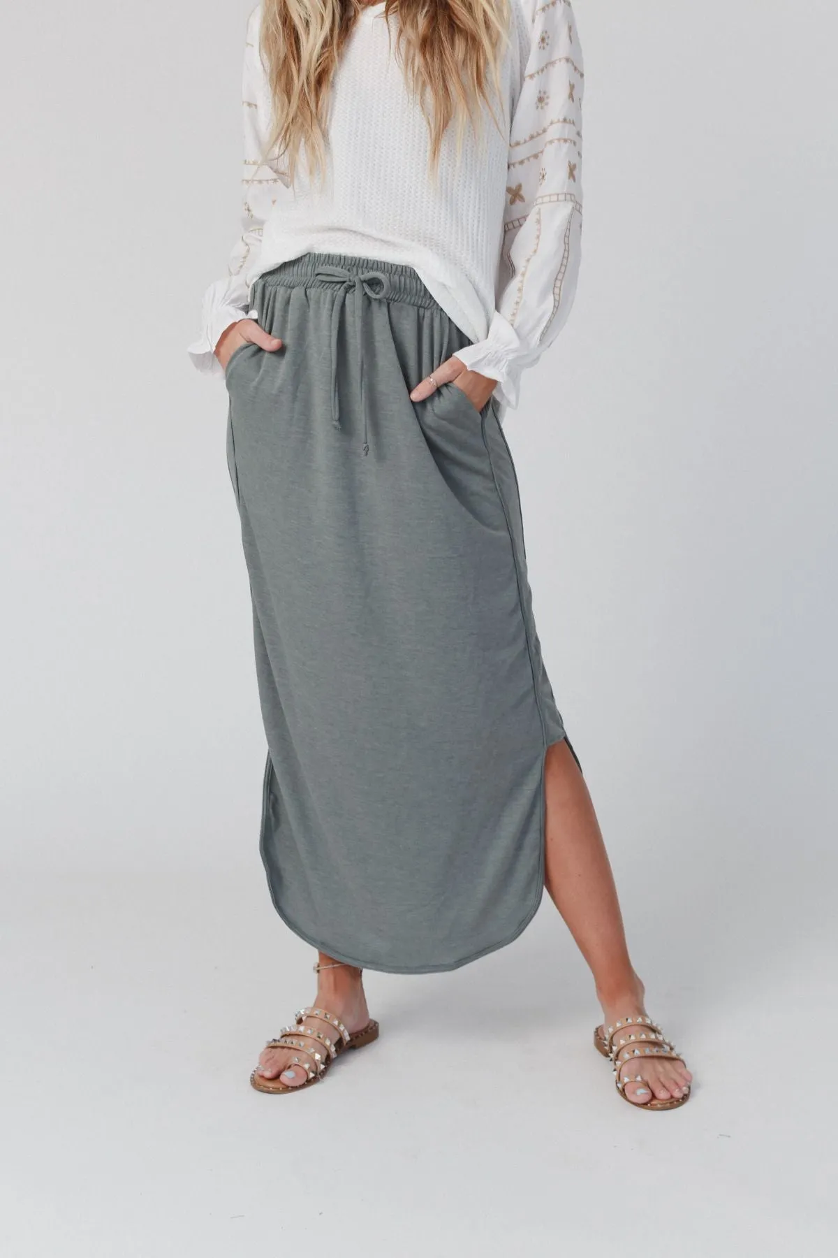 Comfy Drawstring Maxi Skirt - Light Olive