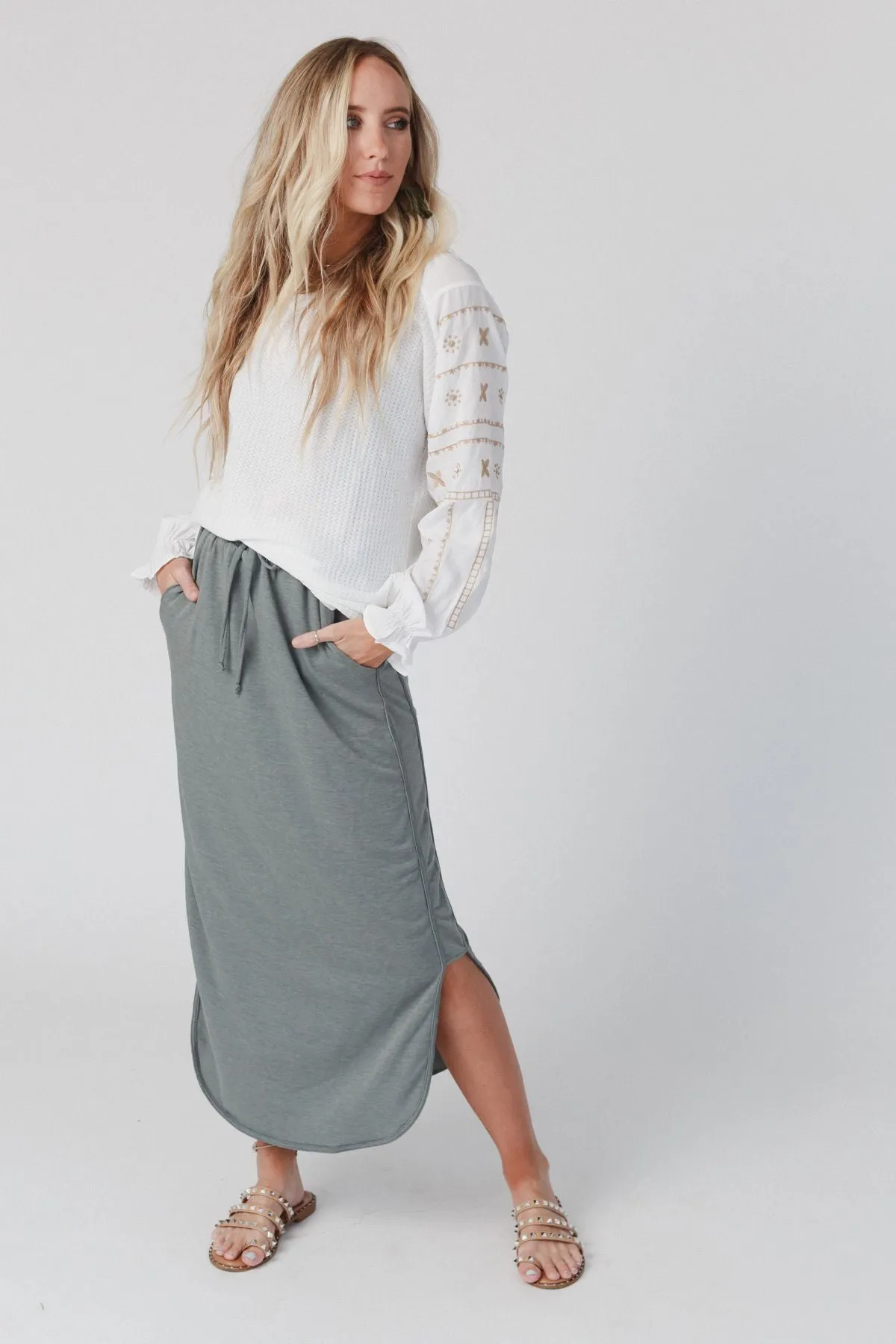 Comfy Drawstring Maxi Skirt - Light Olive