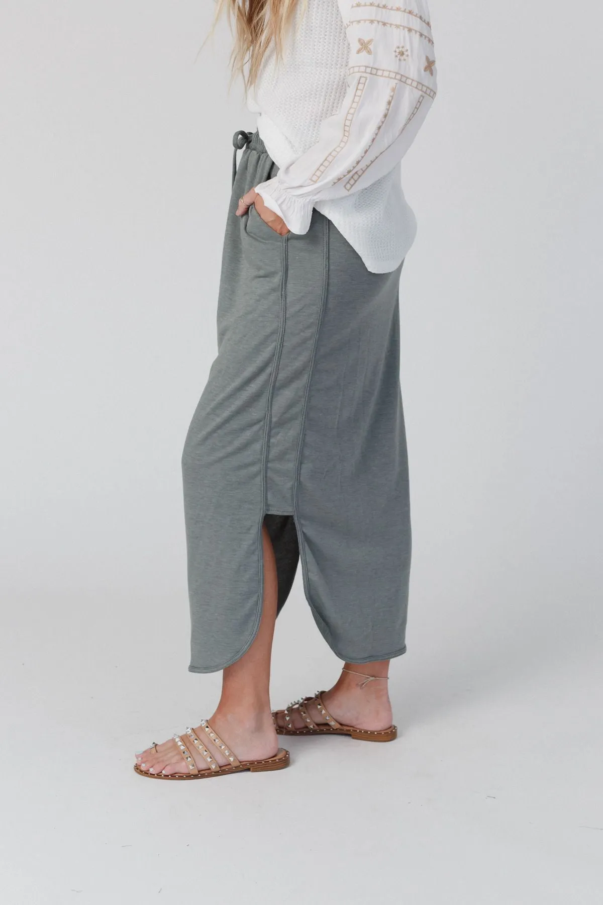 Comfy Drawstring Maxi Skirt - Light Olive