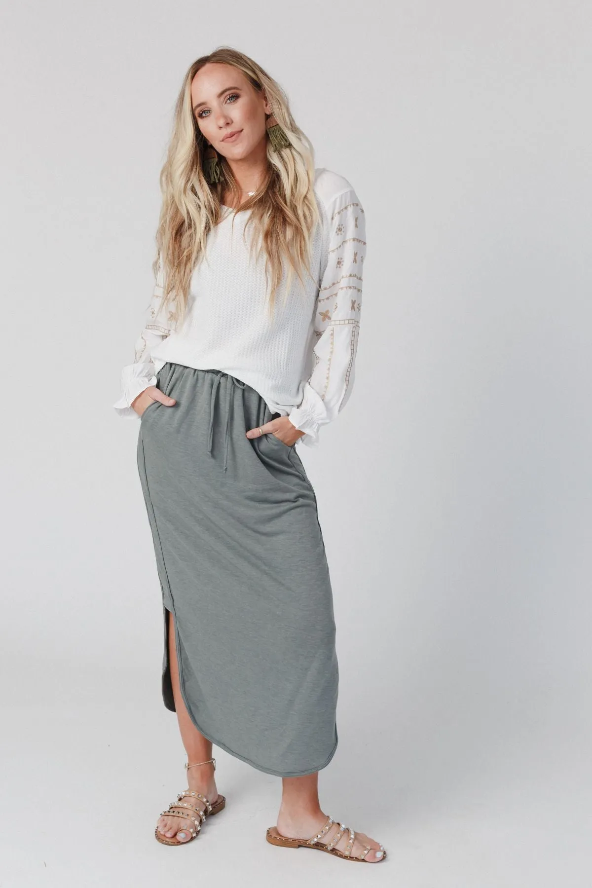 Comfy Drawstring Maxi Skirt - Light Olive