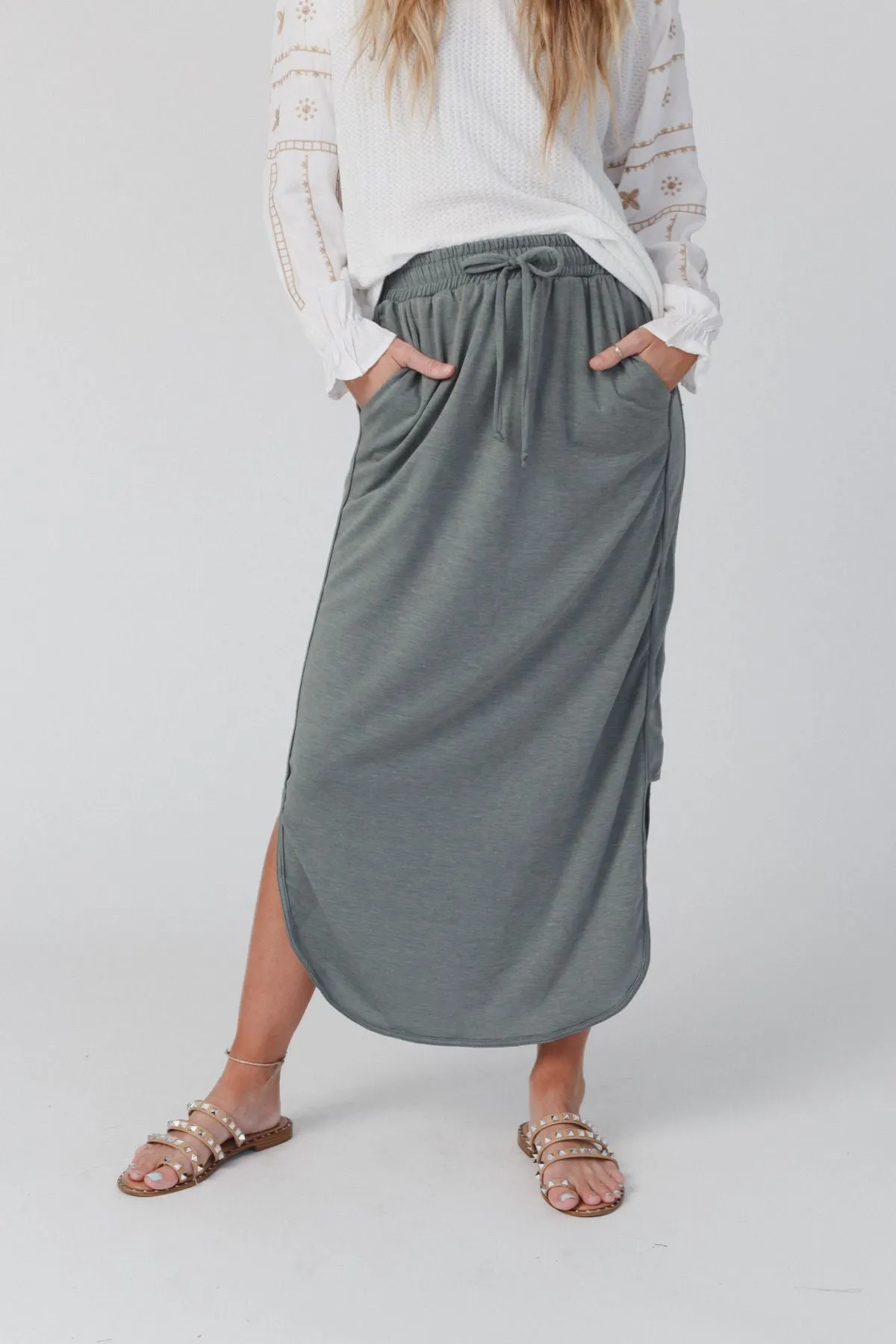 Comfy Drawstring Maxi Skirt - Light Olive