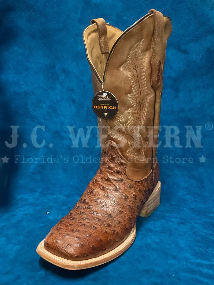 Corral Men's Ostrich Embroidery Wide Square Toe Western Boot - Bronze & Brown - A4532.