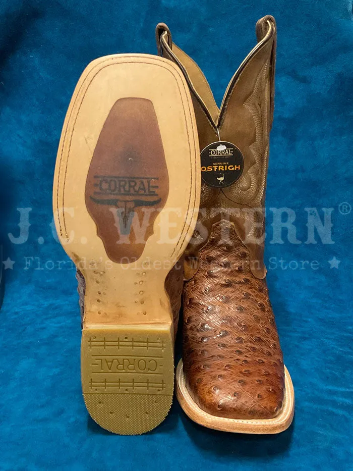 Corral Men's Ostrich Embroidery Wide Square Toe Western Boot - Bronze & Brown - A4532.