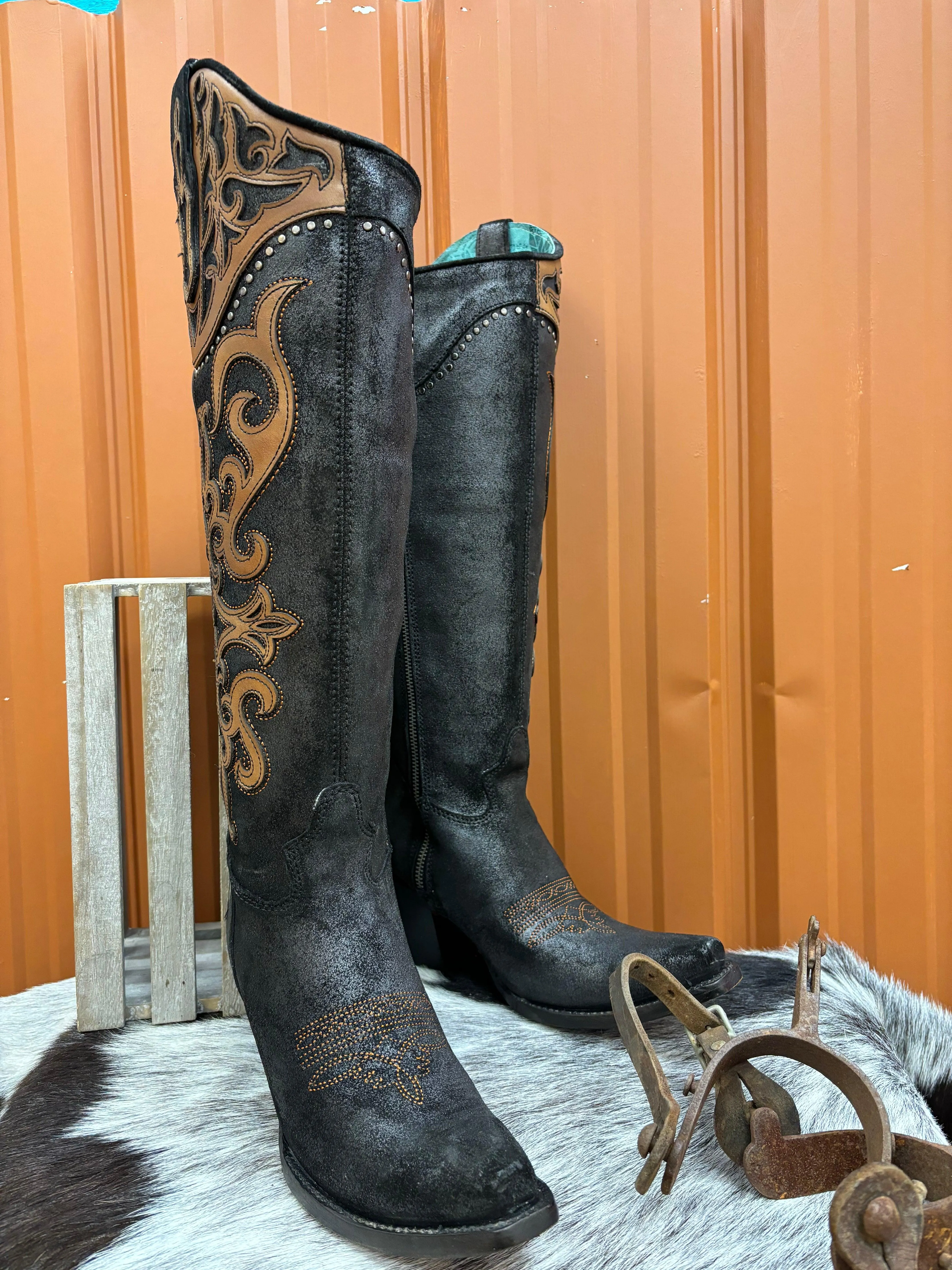 Corral Women's Brown Black Overlay Studded Tall Cowgirl Boots C4092 Google SEO result: Corral Women's Brown Black Cowgirl Boots 