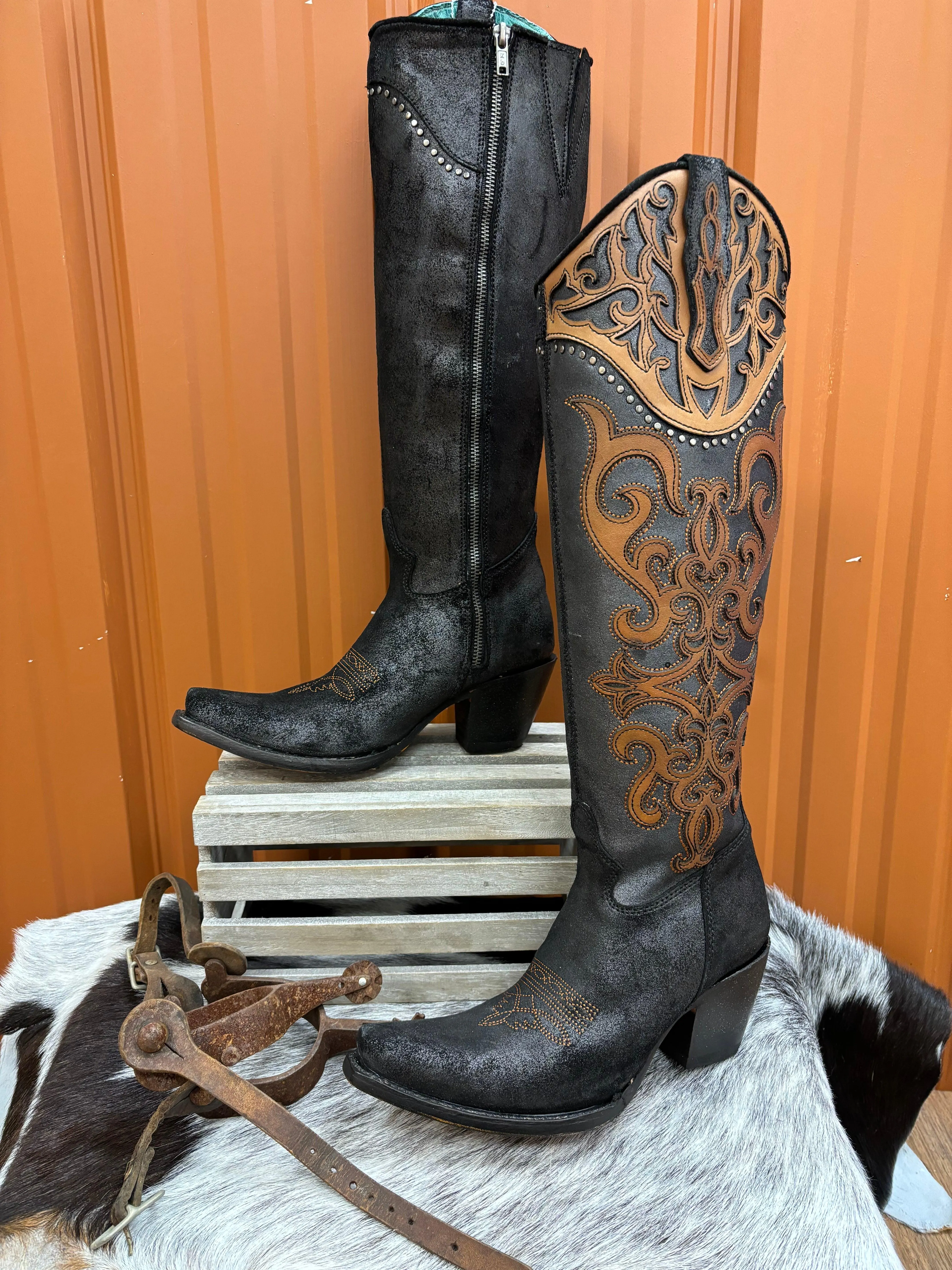 Corral Women's Brown Black Overlay Studded Tall Cowgirl Boots C4092 Google SEO result: Corral Women's Brown Black Cowgirl Boots 