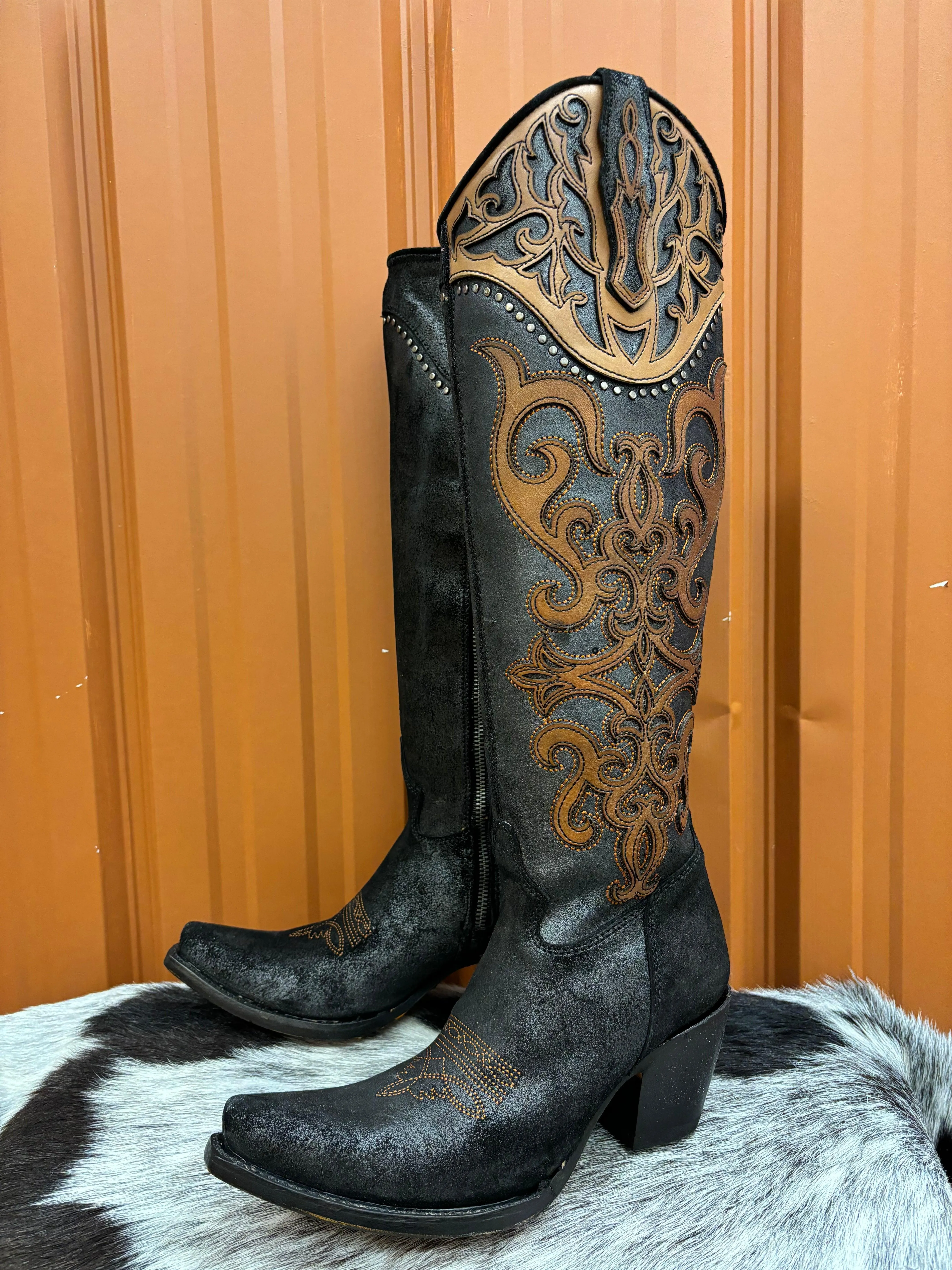 Corral Women's Brown Black Overlay Studded Tall Cowgirl Boots C4092 Google SEO result: Corral Women's Brown Black Cowgirl Boots 