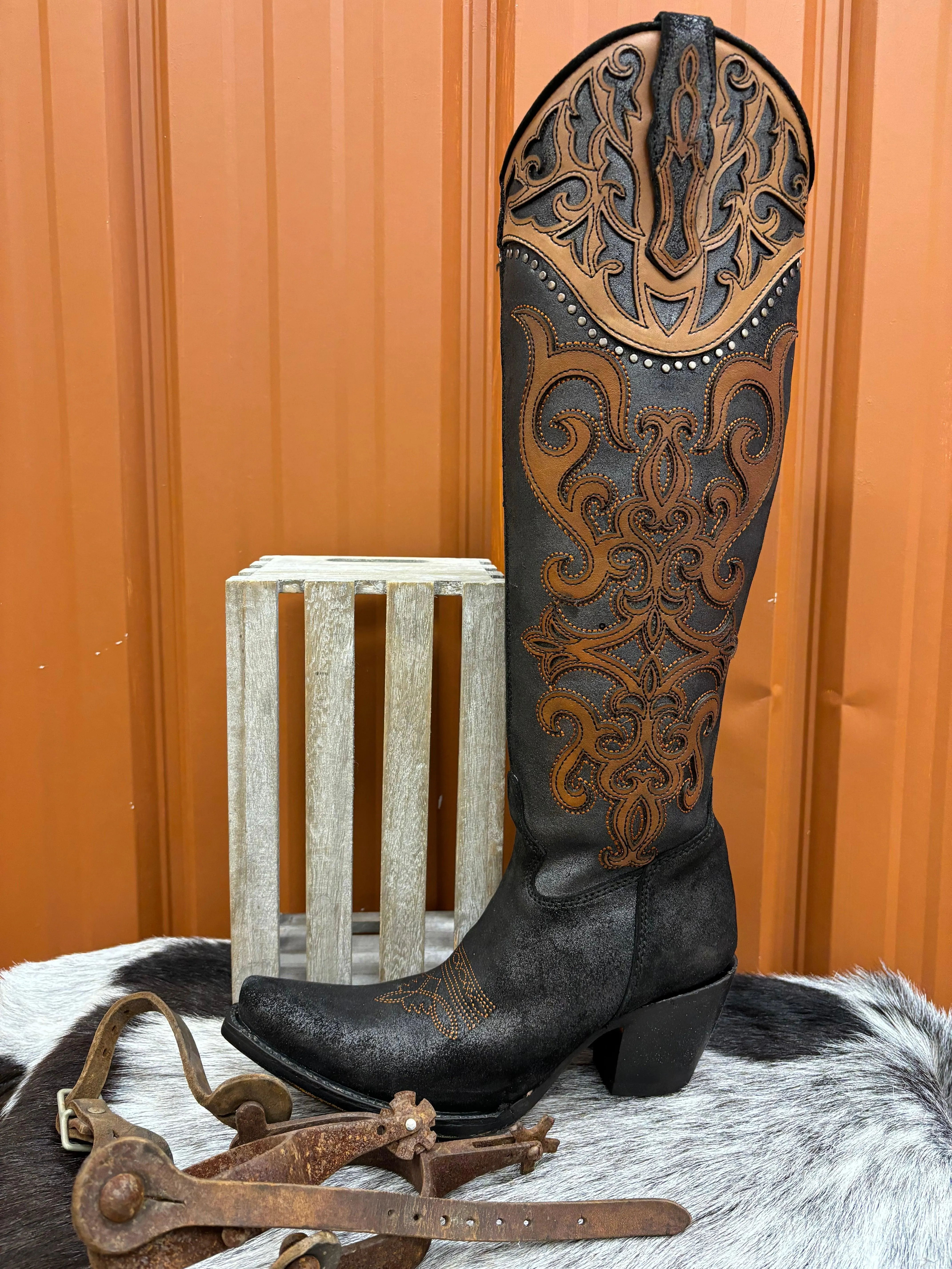 Corral Women's Brown Black Overlay Studded Tall Cowgirl Boots C4092 Google SEO result: Corral Women's Brown Black Cowgirl Boots 