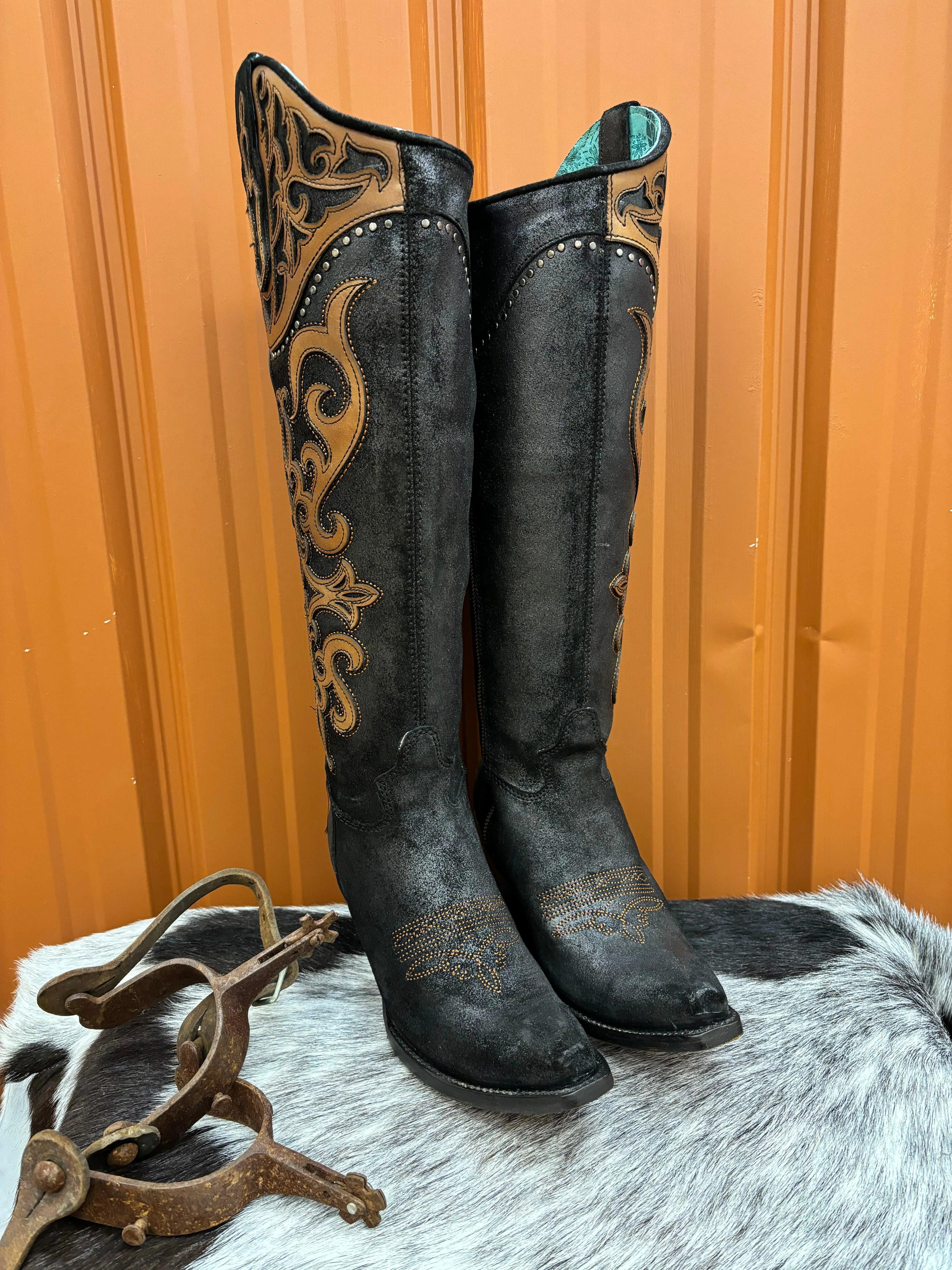 Corral Women's Brown Black Overlay Studded Tall Cowgirl Boots C4092 Google SEO result: Corral Women's Brown Black Cowgirl Boots 