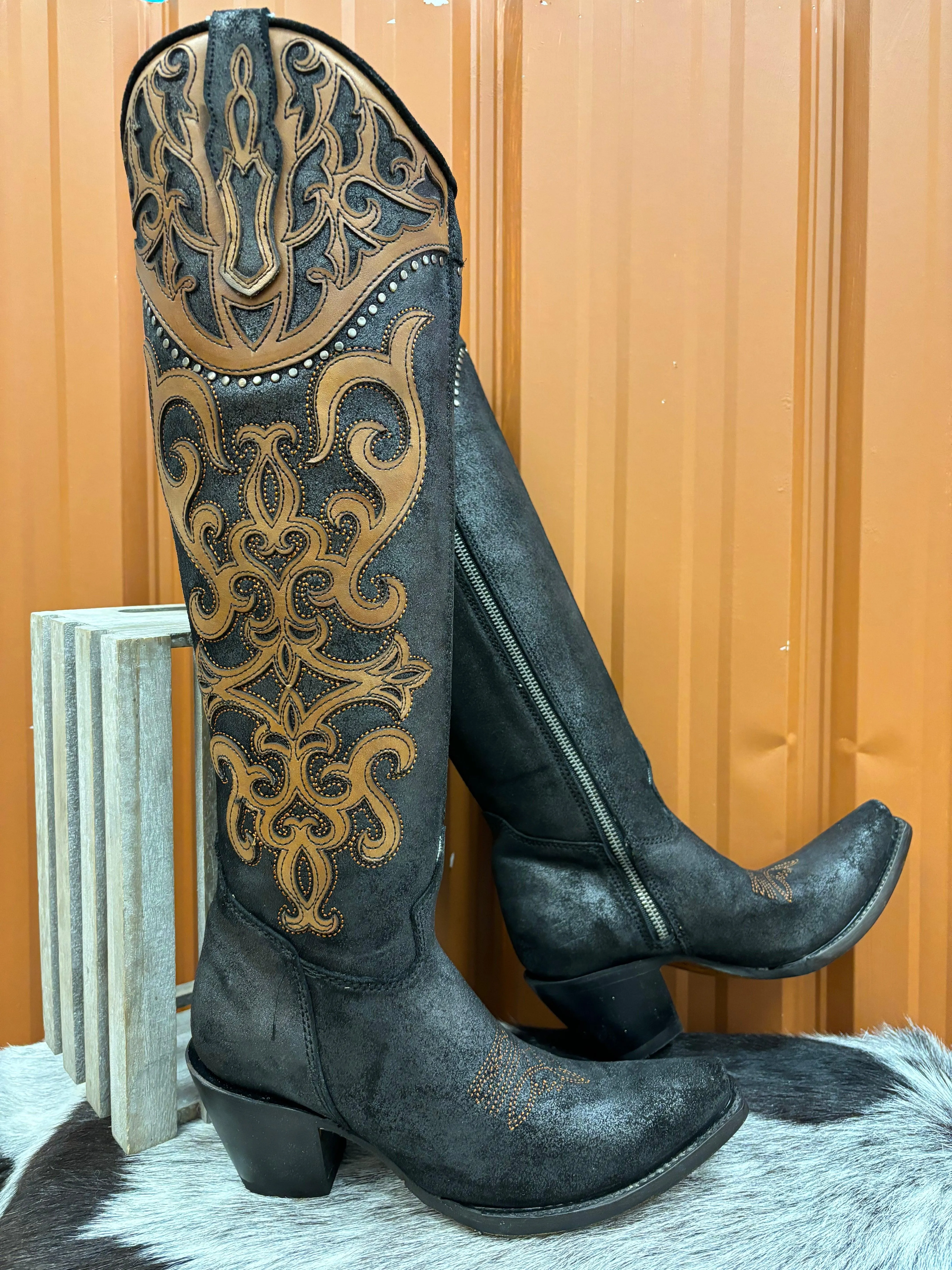 Corral Women's Brown Black Overlay Studded Tall Cowgirl Boots C4092 Google SEO result: Corral Women's Brown Black Cowgirl Boots 