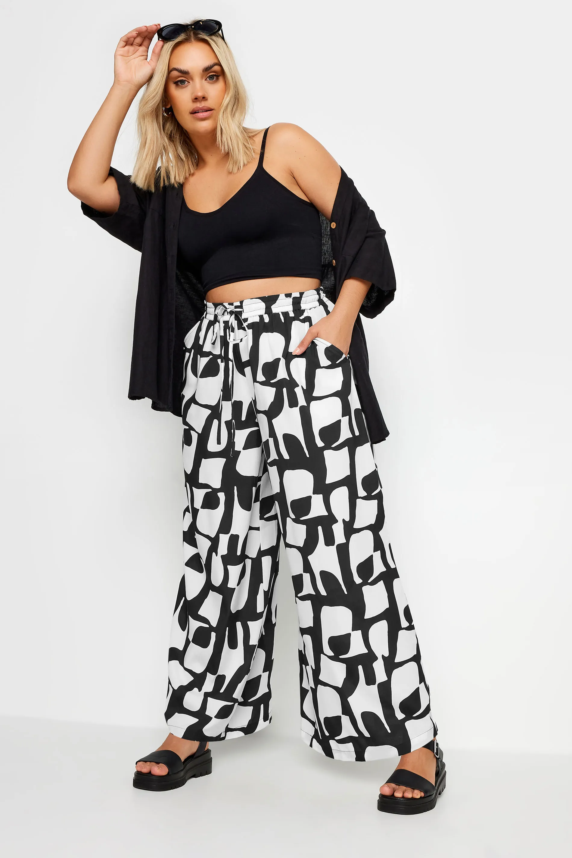 Curve Black Abstract Print Wide Leg Trousers