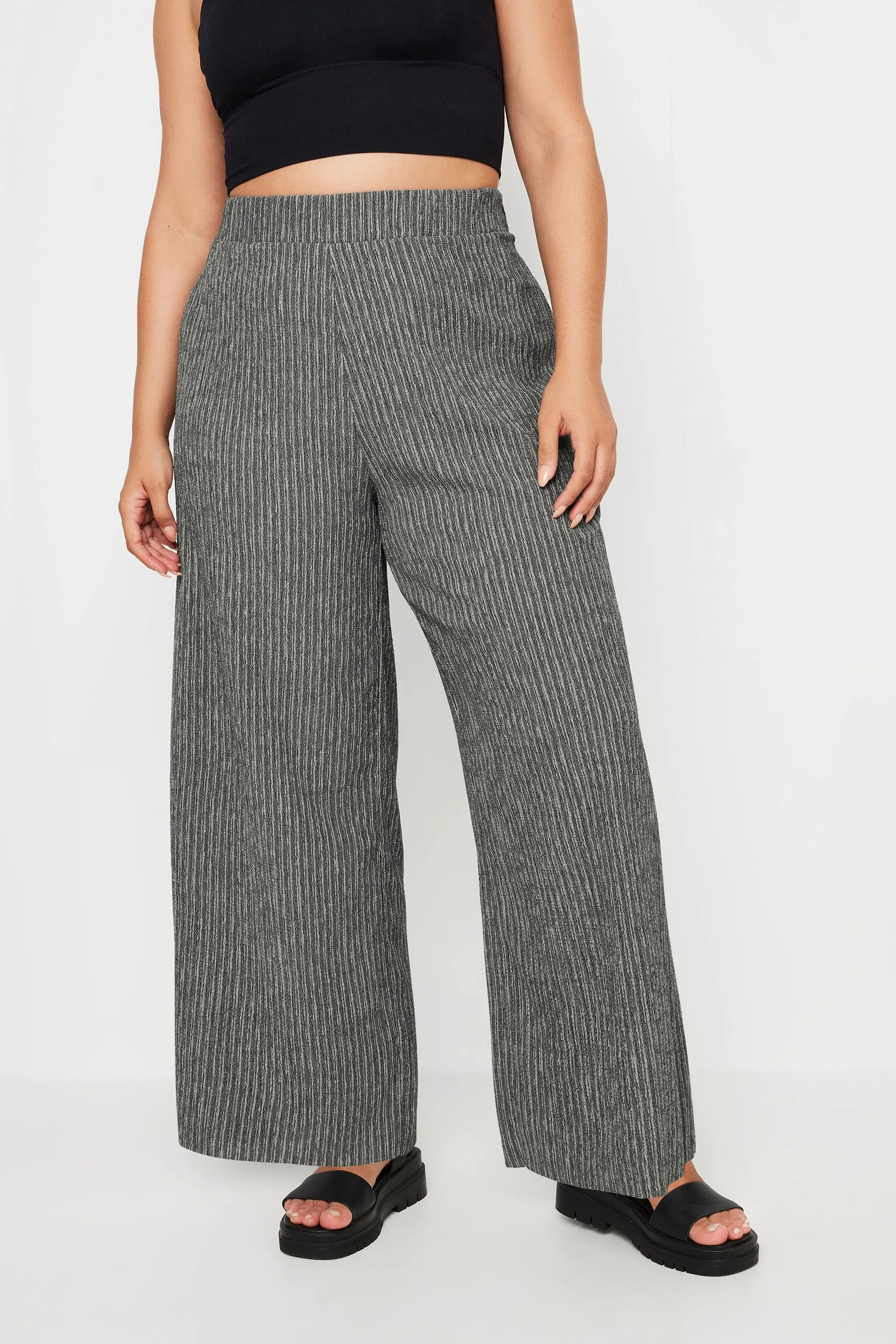 Curve Grey Stripe Wide Leg Trousers - Textured Print - YOURS