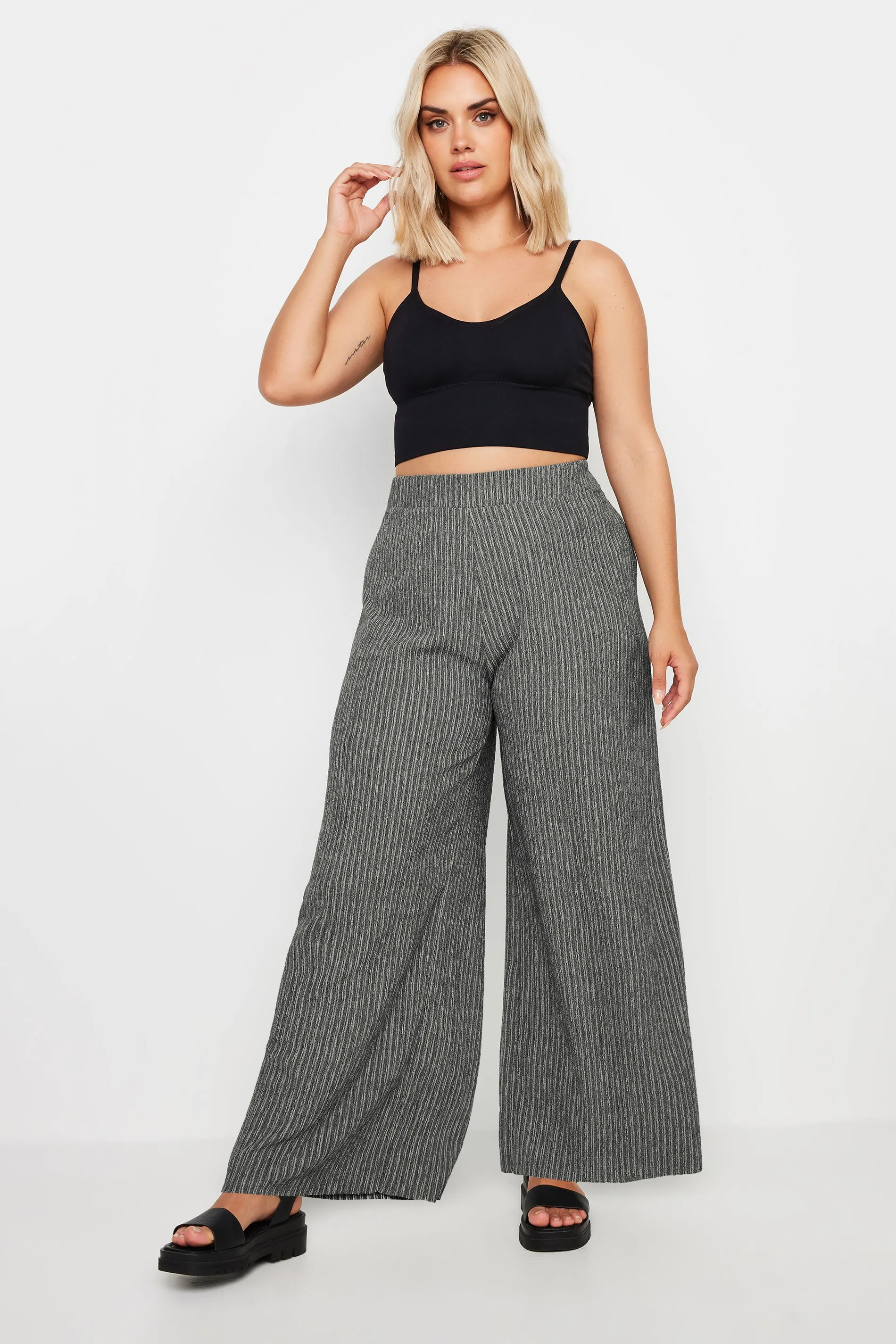 Curve Grey Stripe Wide Leg Trousers - Textured Print - YOURS