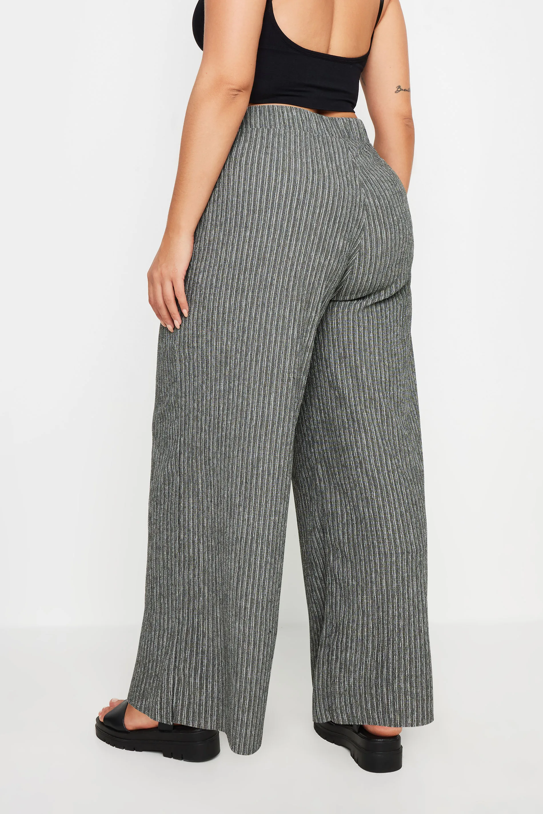 Curve Grey Stripe Wide Leg Trousers - Textured Print - YOURS